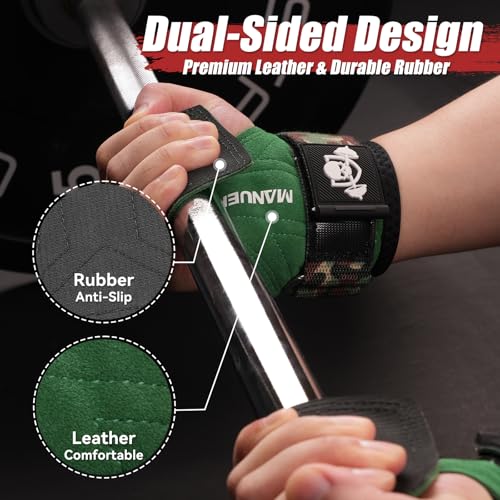 MANUEKLEAR Gym Straps Weight Lifting, Double Leather Lifting Straps for Men Deadlift with Cushion Wrist Loop, Gym Lifting Wrist Wraps for Weightlifting - color: Size S - Green