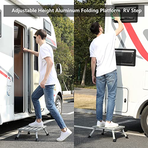 Homeon Wheels Large RV Step Stool, Adjustable Height Aluminum Folding Step Ladder with Non-Slip Rubber Feet, Heavy-Duty Design, Safety Platform for RV, Trailer, Truck, Outdoor Use, 19" x 14.3" - color: Silver