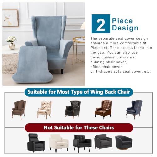 NILUOH Thick Velvet Wingback Chair Slipcovers 2-Piece, Stretch Wing Chair Covers Soft Sofa Slipcover Wing Back Armchair Cover Furniture Protector for Living Room - color: Foggy Blue