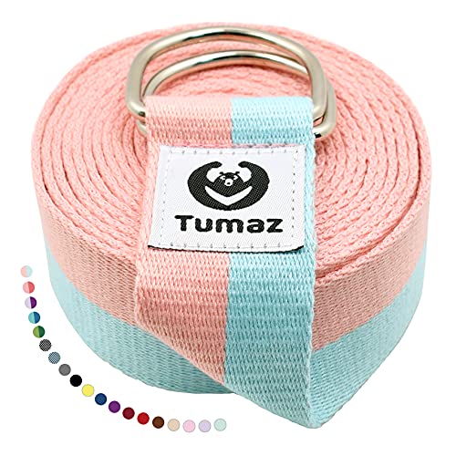 Tumaz Yoga Strap for Stretching with Adjustable D-Ring, 6/8/10 ft | Adjustable D-Ring | Soft Cotton Blend | 15+ Colors | Non-Elastic Yoga Belt for Pilates Stretching & Physical Therapy - color: 01. Candy, size: 8 Feet (with Storage Band)