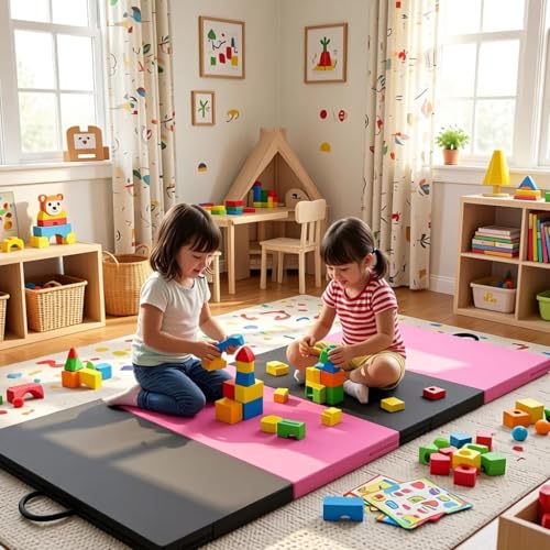 Gymnastics Mat, 3FTx6FT / 4FTx8FT 2" Thick Folding Kids' Gymnastic Tumbling Mat for Home Gym Exercise & Play - color: 3x6FT-Pink&Black