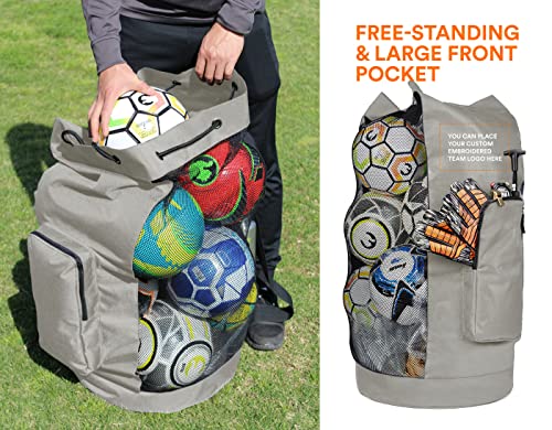 Fitdom Heavy Duty XL Soccer Mesh Equipment Ball Bag w/Adjustable Shoulder Strap Design for Coach. with an Over-Sized Front Pocket for Sporting Accessories. Best for All Outdoor & Water Gears - color: Grey / Black