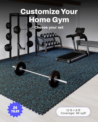 AIRHOP 0.56in Thick 96 Sq Ft Exercise Equipment Mats, 24Tiles Upgraded Rubber Top with High Density EVA Foam, Large Interlocking Puzzle Gym Flooring for Home Gym, Heavy Weight Workout, Black & Blue - color: Black/Blue, size: 96 Sq Ft (24 Tiles)