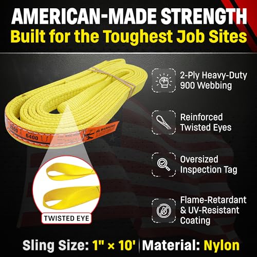 DD Sling 1 Inch x 10 Foot Nylon Lifting Sling – USA Made, 3,200 lb Vertical, 2,600 lb Choker, 6,400 lb Basket – 2-Ply Heavy Duty 900 Webbing, Type 4 Twisted Eye & Eye Rigging Sling, Safety Orange - size: 1" x 10'