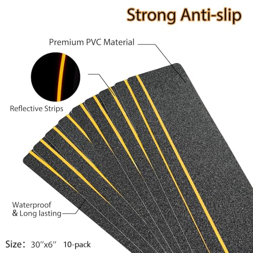 COSIMIXO 6" x 30" 10Pack Anti Slip Stair Tread with Reflective Strips,Best Grip Non Skid Tape,Anti-Skid Tape, High Traction Adhesive for Stairs Step - size: 6" x 30" 10-Pack