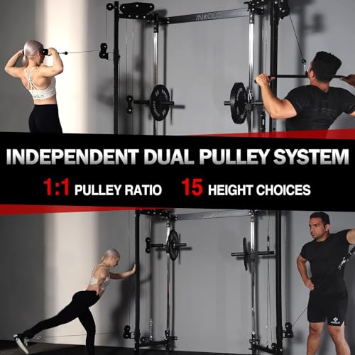 Mikolo Folding Squat Rack, Wall Mounted Power Rack with Cable Crossover Machine & LAT Pull Down, Functional Trainer with 5 Adjustable Function Modes, Home Gym Package - color: Red, size: WR00 Package (BP 230LB & Bar & Bench)