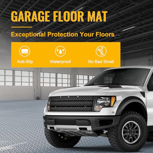 Grandroad auto 10x25 FT Garage Floor Mat, 2.8mm Thickened Flooring Roll for Under Car Diamond Plate PVC Rubber Mat with 20 Pcs Tapes, Non-Slip Floor Mat for Garage, Warehouse, Gyms, Trailer, Gray - color: Black, size: 10×25FT