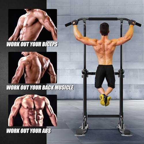soges Power Tower Pull Up Bar Station, Free Standing Pull Up Rack Dip Station for Home Gym, Height Adjustable Home Strength Training Fitness Workout Equipment - color: Black