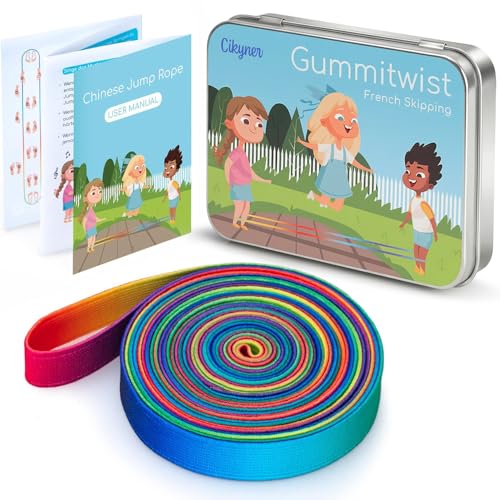 Cikyner Chinese Jump Rope, 4m Long 1.5cm Wide Elastic Chinese Ropes with Instructions French Skipping Rainbow Band for Indoor and Outdoor Children Jumpsies Games, Ideal for Gifts for Girls and Boys