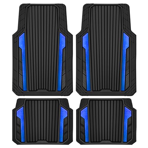 CAR PASS Heavy Duty Rubber Car Mats Metallic,Aluminum Film All Weather Floor Mats Waterproof Universal Trim to Fit Automotive SUV Sedan Van 4 Piece Anodized Deep Dish Two-Tone Sporty Black Blue Chrome - color: Black Blue
