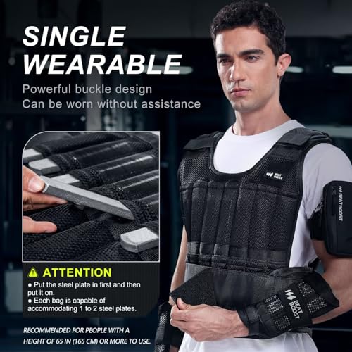 BeatBoost Weighted Vest Men 20lb/30lb/40lb/50lb/60lb Adjustable Weight Vest with Steel Plates Weights for Walking Strength Training Running Workout - color: Black, size: 20LB