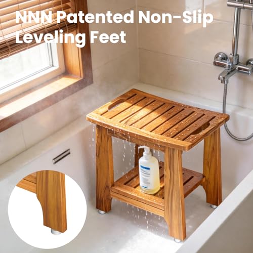 18" Standard Teak Shower Bench with Shelf & Handle - Waterproof, Non-Slip Bath Stool, 300 lbs Capacity - Fits Standard Tubs/Showers & Outdoor Use (Patented) - size: 18"W x 12" Dx 18"H