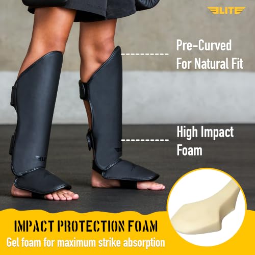 Elite Sports Muay Thai MMA Kickboxing Boys and Girls Shin Guards for Age 4 to 14 Years, Instep Guard Sparring Protective Leg Shin Kick Pads for Kids - color: Black, size: Large