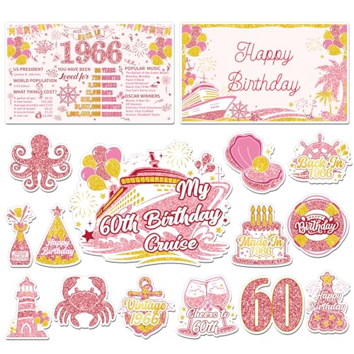 Wxiben Cruise Door Decorations Magnetic - 16 Pcs Rose Gold 60th Birthday Cruise Door Magnets with 3 Pens Back in 1966 Carnival Cruise Ship Door Decoration Stickers Decals for Party Cabin Fridge Decor - style: Rose Gold 60th Birthday