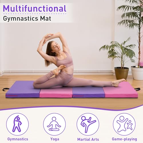 Gymnastics Mat, 3'x6'/4'x6' Thick Folding Kids' Gymnastic Tumbling Mat with Carrying Handles for Home Gym Exercise & Play - color: 3x6FT-Pink & Purple