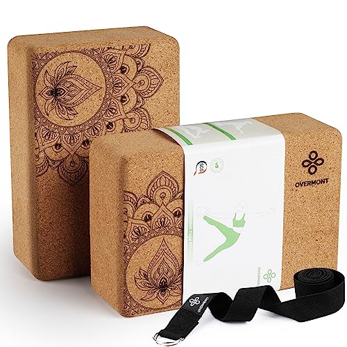 Overmont Cork Yoga Blocks 2 pack with 8ft Strap Natural Cork Bricks | High Density & Eco Friendly Yoga Accessories for Women - Ideal for Yoga Pilates General Fitness and Stretching 9x6x3''