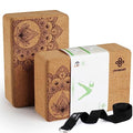 Overmont Cork Yoga Blocks 2 pack with 8ft Strap Natural Cork Bricks | High Density & Eco Friendly Yoga Accessories for Women - Ideal for Yoga Pilates General Fitness and Stretching 9x6x3''