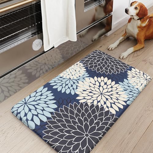 KIMODE Anti Fatigue Kitchen Mat 17.3"x29", Padded Dahlia Kitchen Floor Mats Non Slip, Waterproof Kitchen Mat for Floor, Farmhouse Comfort Standing Mat for Laundry, Office, Sink, Desk Mutil-Blue - color: Multi-blue, size: 29"L x 17.3"W x 0.5"Th