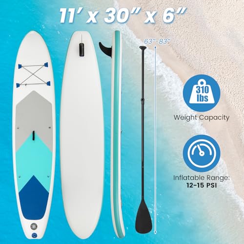 KOTEK 10FT/11FT Inflatable Paddle Board, SUP Paddleboard with Hand Pump, Safety Leash, Repair Kit, Carry Bag, Non-Slip EVA Deck, Stand Up Paddle Board for Youth & Adults - size: 11 FT, style: Multi Blue Grey