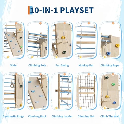 94.5 H 10-in-1 Swedish Ladder, Rock Climbing Wall for Kids and Adults with Slide, Swing, Gymnastic Rings, Rope Ladder, and Monkey Bar, Indoor Jungle Gym