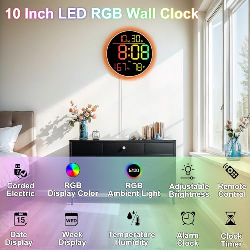 QINFIEY 10 Inch LED Wall Clock with RGB Ambient Light, Auto-Dimming, RGB Color/Time/Date/Temp/Humidity Display, Dual Alarms & Timer, Adjustment Brightness,Digital Round Clock for Bedroom Classroom - color: Rgb, size: 10 inch