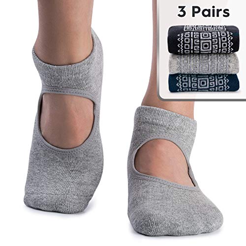 unenow Non Slip Grip Yoga Socks for Women with Cushion for Pilates, Barre, Home - color: 3 Pairs-black/Navy/Grey