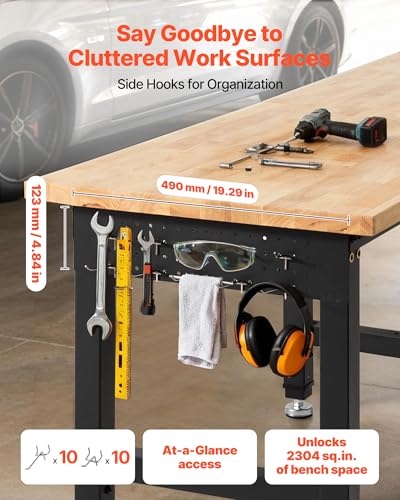 VEVOR Adjustable Workbench, 5000 lbs Capacity, 96 x 24 Inch Oak Wood Top Workstation with 4 AC Outlets & 2 USB Ports, Heavy-Duty Hardwood Worktable for Garage, Workshop, Home, Office, Commercial - size: 96 x 24 x 29.1-39 in / 2438 x 610 x 740-990 mm