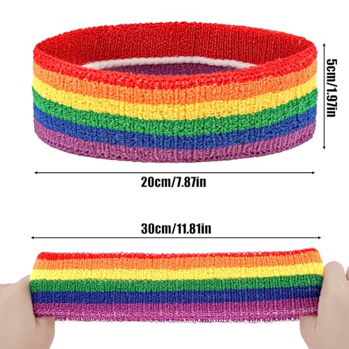 KICOSY Rainbow Sweatband Set - Pride Headband and Wristbands, Terry Cloth Striped Sweatband Set for Sports, Gym, 80s Costumes, and Pride Parade Accessories - color: rainbow