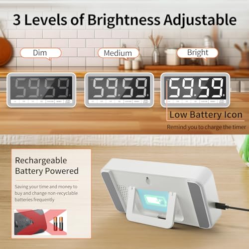 VOCOO Digital Kitchen Timer with 7.8” Extra Large Display, Magnetic, LED with 3 Brightness, 4 Alarms and 3 Volume Levels, Battery Countdown Count Up Timer for Cooking, Classroom, Home Gym (White) - color: White