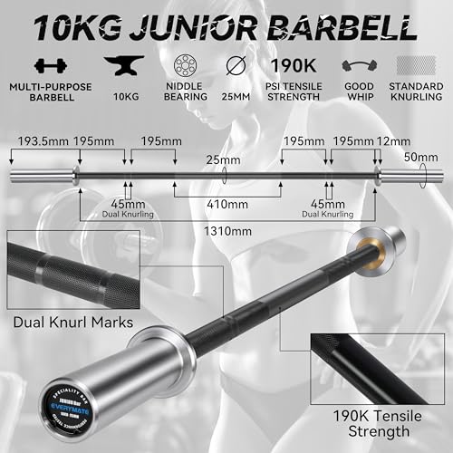 EVERYMATE 5LB Mini Barbell Bar Beginner Women Kid Barbell Total Body Workout Weighted Bar,for Strength Training, for Youth Children New Weightlifting - color: Sliver Sleeves Black Bar, size: 10KG Junior Barbell