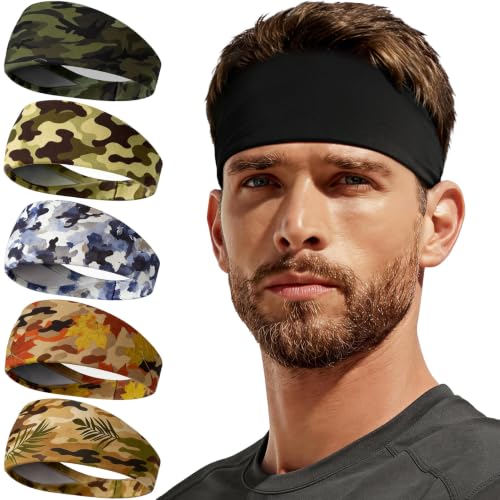 Sweat Band, 5 Pack Headband Moisture Wicking for Running Sports | Workout Sweatband, Unisex Fit, Non-Slip, Skin-Friendly, Multi-Use, Perfect for Exercise, Lightweight - color: Camo+Green Camo+Ink-Blended Blue+Maple Camo+Jungle Leaf