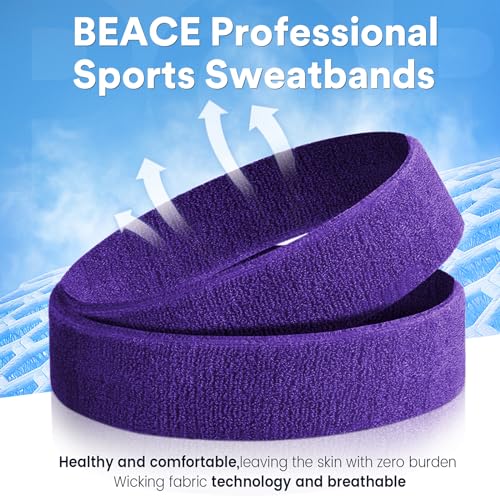 BEACE Sweatbands Sports Headband for Men & Women - Moisture Wicking Athletic Cotton Terry Cloth Sweatband for Tennis, Basketball, Running, Gym, Working Out - color: Black/Gray/Purple