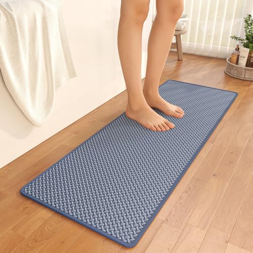 YDKGL Bathroom Runner Rug Non Slip, Super Absorbent Quick Dry Long Bath Mat, Foam Weave Texture Rubber Backing Ultra Thin Bathroom Mats Fit Under Door Bathroom Floor Bathtub Shower, 16"x 47" - color: Blue, size: 16"x 47"