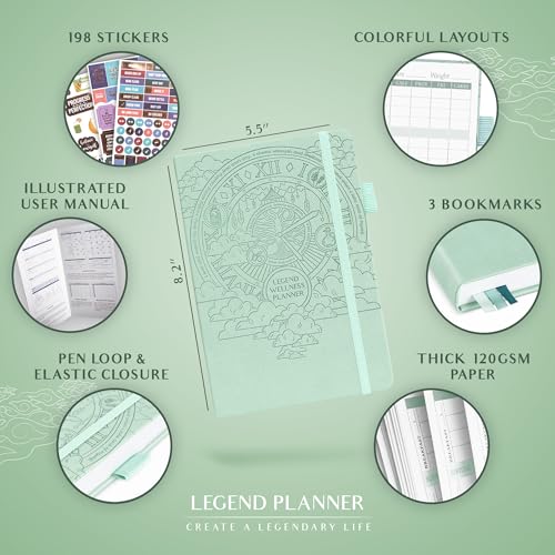 Legend Wellness Planner & Food Journal – Daily Diet & Health Journal with Exercise & Weight Loss Tracker – Nutrition Diary, 6 Months (Mint Cream) - color: Mint Cream Debossed, size: A5 (5.8” x 8.3”)
