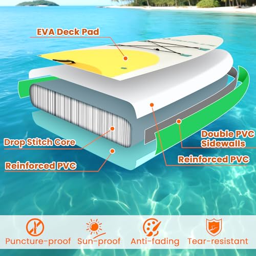 KOTEK 10FT/11FT Inflatable Paddle Board, SUP Paddleboard with Hand Pump, Safety Leash, Repair Kit, Carry Bag, Non-Slip EVA Deck, Stand Up Paddle Board for Youth & Adults - size: 11 FT, style: Multi Yellow Green