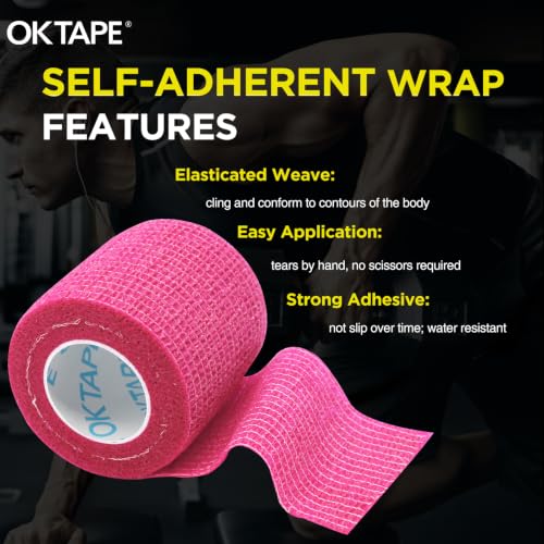 OK TAPE 12 Rolls Self Adhesive Bandage Wrap, Elastic Athletic Tape, Self Stick Bandage Tape, Vet Wrap, Medical Wrap for Wrist, Feet, 2" x 5 Yards - Pink - color: Pink, size: 2 Inch