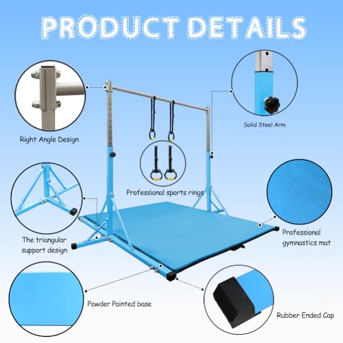 Gymnastics Bar for Kids Girls Ages 3-15 with Ring for Home Indoor Training Equipment- Steady Steel Construction, Anti-Slip, Easy to Assemble, 3' to 5' Adjustable Height - color: TEAL, size: 4.8FT, style: FOLDABLE BAR WITH MAT&RING