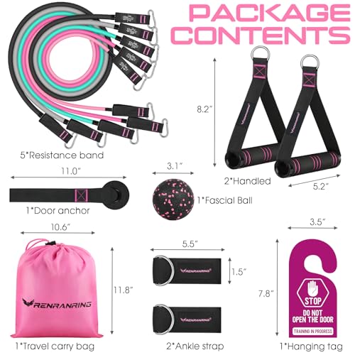 RENRANRING Resistance Bands for Working Out, 150LBS Exercise Bands, Workout Bands, Resistance Bands Set with Handles for Men Women, Legs Ankle Straps - color: Black, Gray, Blue, Medium pink, Pink, size: 51.0 inch