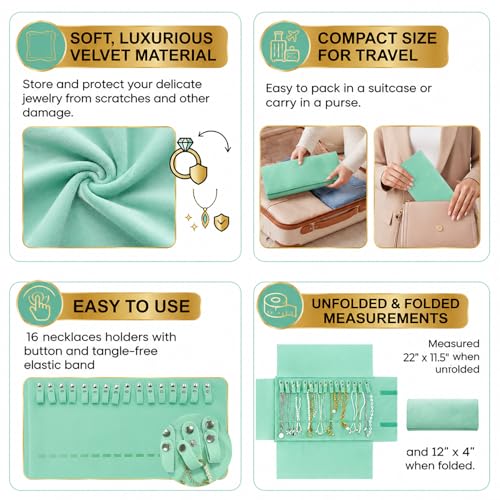 UnionPlus Velvet Travel Jewelry Case Roll Bag Organizer for Necklace, Ice Green - color: Ice Green, size: Medium