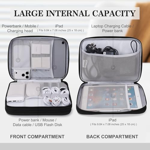 FYY Electronic Organizer, Travel Tech Pouch Bag, Extra Large, Black Quilted | Wrist Strap, Waterproof, Double Layers Electronics Travel Case for iPad, Cord, Laptop Charger, Daily and Business Trips Use - color: Black Quilted, size: Extra Large