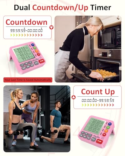 Digital Kitchen Timer with 4 Channel, Loud Alarm and Silent Mode | Magnetic Cooking Timer with Count Up & Countdown for Kids and Seniors, Large Display to Read, Auto Memory, Battery Included - color: Pink