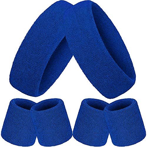 Bememo 6 Pcs Neon Sports Sweatbands Set Sports Competitions Sweatbands 2 Headband 4 Wristbands Breathable Terry Cloth Athletic Bands for Team Soccer Spirit 80s Costumes Cosplay - color: Blue