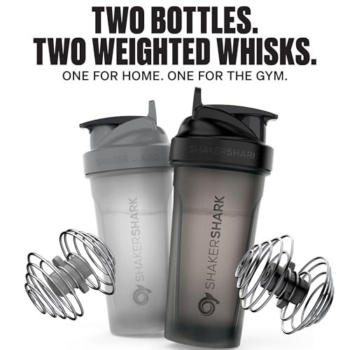 Hydra Cup ShakerShark - 2 Pack 28 oz Protein Shaker Bottles for Protein Mixes with 2 Weighted Wire Whisks, Leak Proof Shaker Cups for Protein Shakes and Pre Workout (Grey/Black) - color: Grey/Black