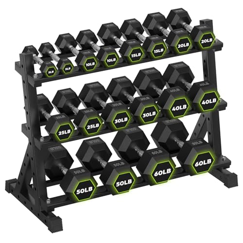 HANDBODE Dumbbell Set with 3-Tier Rack, 390-790 lb | Heavy Duty Weight Stand for Dumbbells, Space-Saving Metal Storage Organizer, Sturdy Dumbbell Holder for Home Gym - style: 510 lb Set (5-60 lb) *2 & Rack