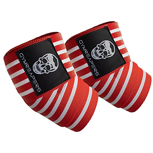 Gymreapers Weightlifting Elbow Wraps (1 Pair) - Flexible 40'' Elbow Compression Strap & Joint Support Brace - for Bench Press, Powerlifting, and Pressing - color: Red/White