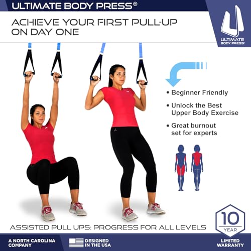 Ceiling Mount Pull Up Bar with Reversible Risers for 16 and 24 Inch Joists with Optimum Grip Spacing by Ultimate Body Press - color: Ceiling Mount Pull Up Bar and Strap System