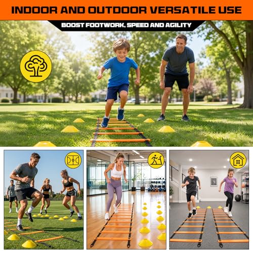 2 Pack 20ft Agility Ladder Set, 40ft Total Adjustable Speed Ladder with 12 Cones, 8 Stakes, 1 Carry Bag - Parallel Footwork Drills Gear for Football Soccer Basketball Training Equipment - color: Orange