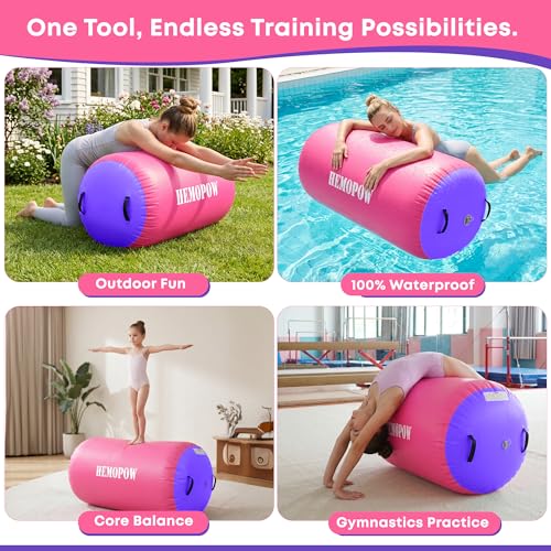 Inflatable Gymnastics Air Barrel Roller with Electric Pump, Heavy Duty PVC Tumbling Barrel Back Handspring Trainer, Air Tumble Track Mat for Home Gym, Cheerleading, Yoga Practice - color: Pink & Purple, size: 3.3'L x 2'D