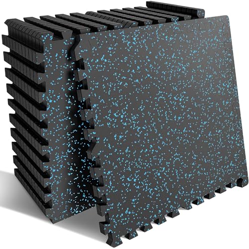 Garvee Exercise Equipment Mats 0.56" Thick 48 Sq ft Gym Flooring – 12 Tiles (24" x 24") Rubber Top with High Density EVA Foam, Interlocking Puzzle Workout Mats for Home Gym Exercise– Black/Blue