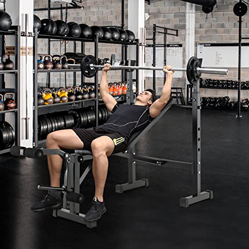 Goplus Adjustable Olympic Weight Bench Barbell Rack Set, Foldable Workout Bench Press Set with Leg Developer, Squat Rack, Home Gym Flat Incline Decline Weight Lifting Strength Training